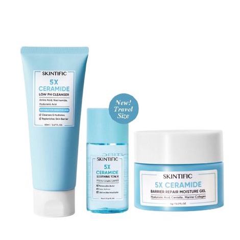 Paket 3 Skintific 5X Ceramide Travel Size Low PH Cleanser 15gr + Soothing Toner 20ml + Moisturizer Gel 6gr