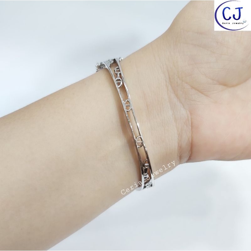 Gelang Perak Asli Silver Wanita 925 Lapis Emas Putih Model Bangle Oval Chartir - Perhiasan Perak