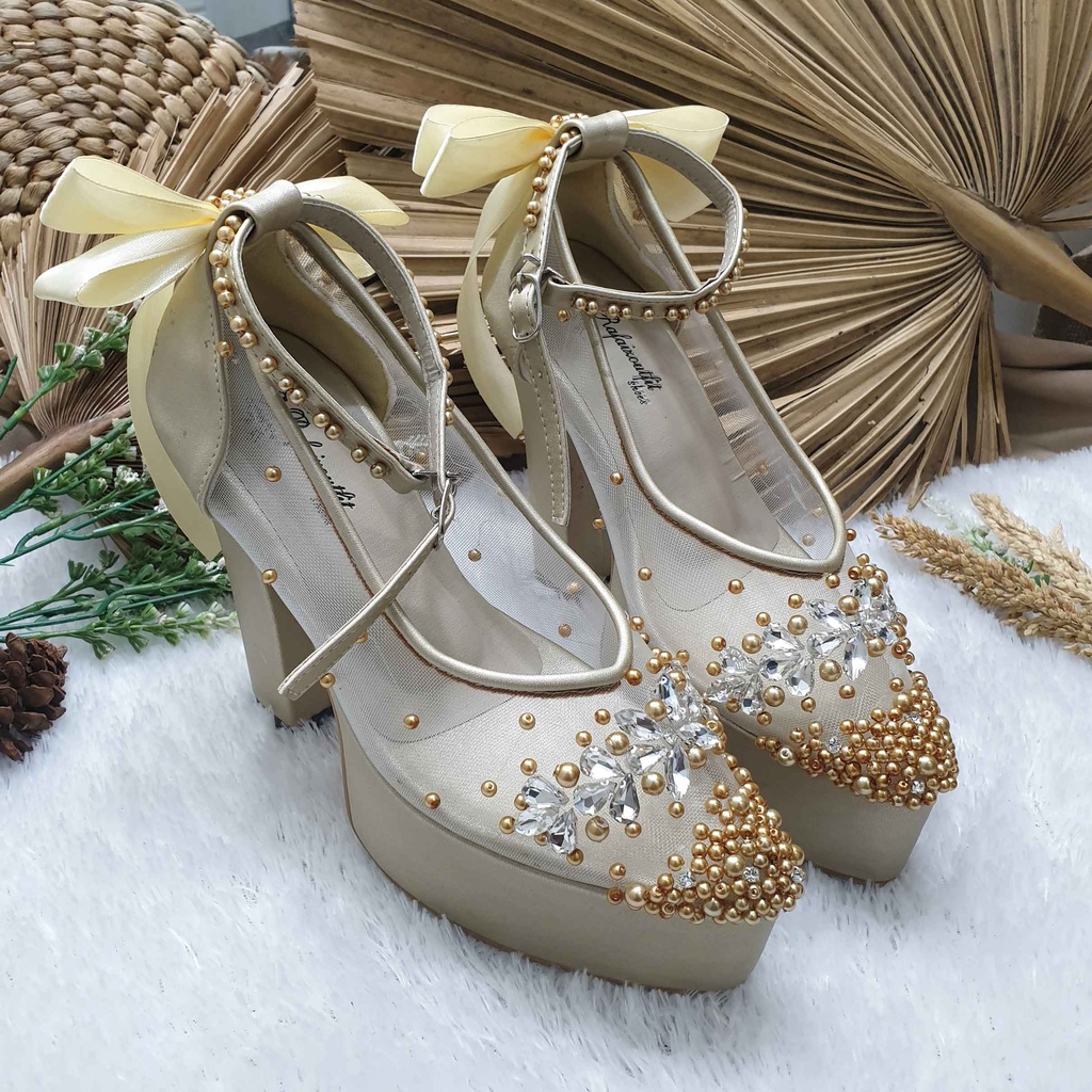 Sepatu wedding pesta cantik mingka gold 12cm tahu