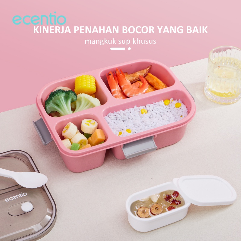 ecentio Kotak Bekal 4 Grid 1550ml Kotak Sup 140ml Anti Tumpah Free Sendok Kotak Makan BPA Free