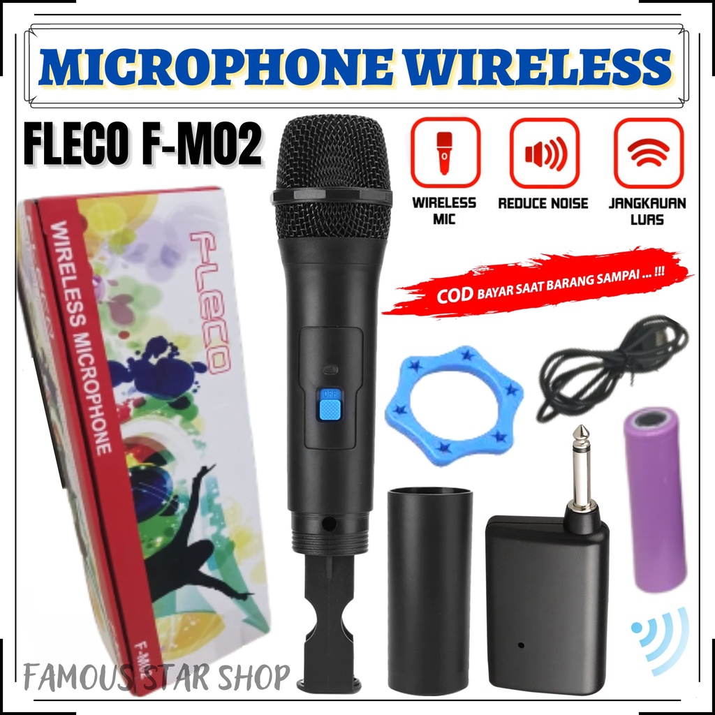 FLECO F-M02 Mic Profesional Wireless Microphone | Mic wireless Fleco F M02 mic karaoke profesional microphone wireless single | Mic Tanpa Kabel / Professional Microphone Wireless Fleco FM02 | FMS