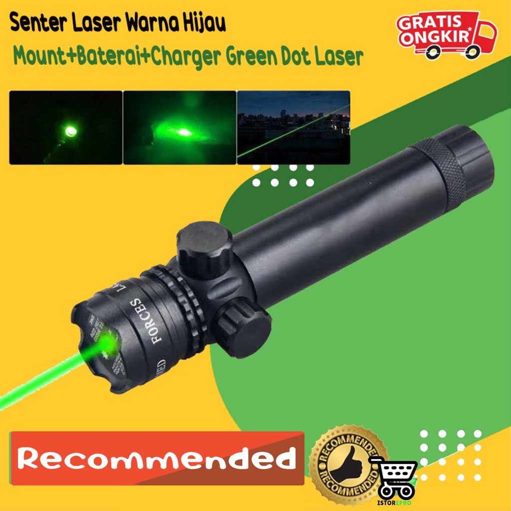 Senter Laser Warna Hijau Mount+Baterai+Charger Green Dot Laser