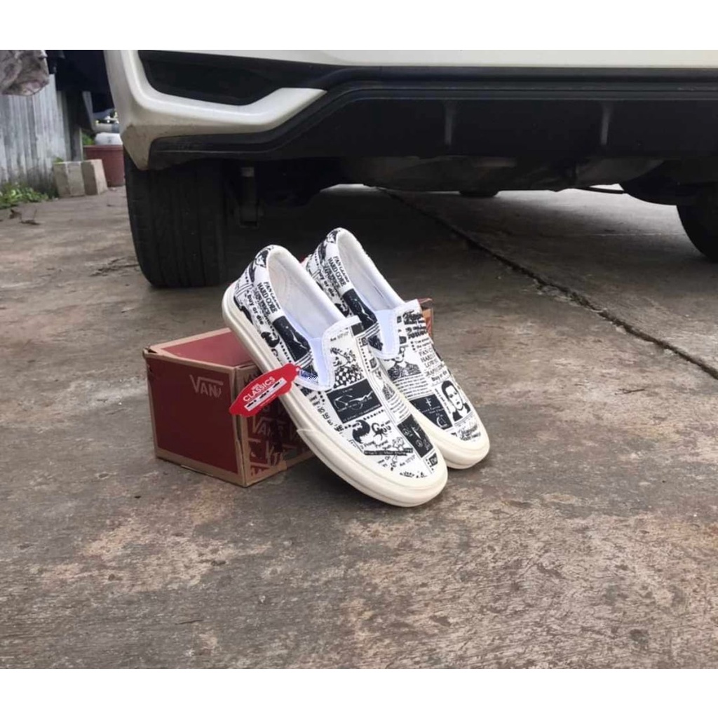 Sepatu Sneakers Vans news paper  Slip On Slop  Couple Cewek Cowok Kado Hadiah Hangout Santai Jalan nyaman di pakai keren kece