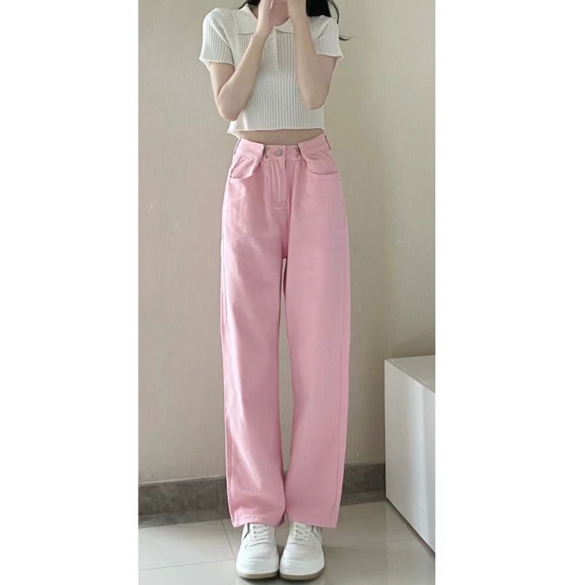 Pink Highwaist Lurus Kasual Loose Celana Jeans Wanita