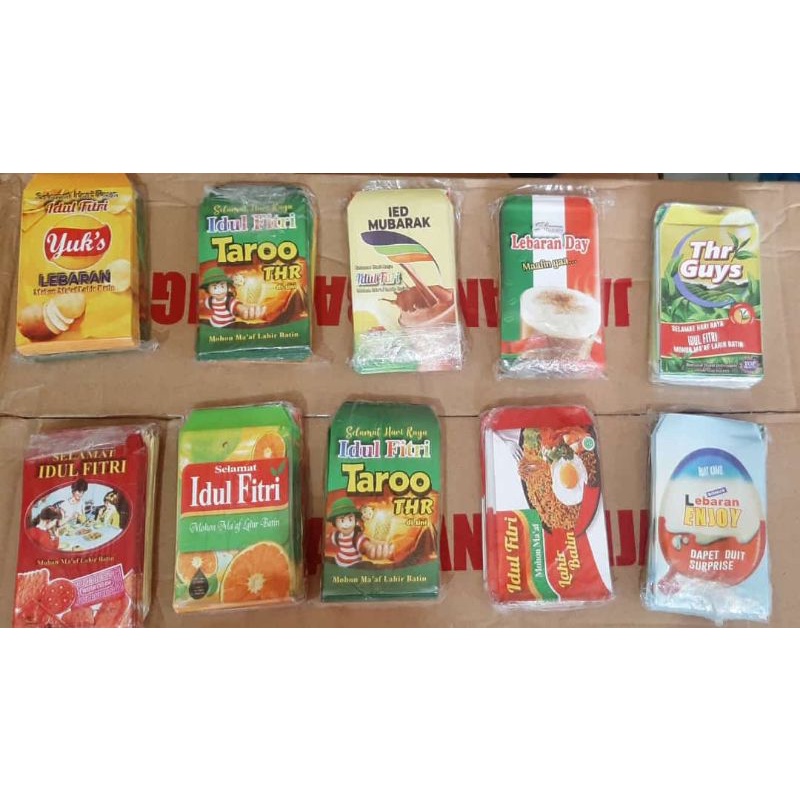 

Amplop Lebaran isi 35 pcs isi Mix Amplop Unik Cover Sneak Indomie, teh kotak, biskuit, bembeng, Nutrisari, Khong Guan, Danish Monde