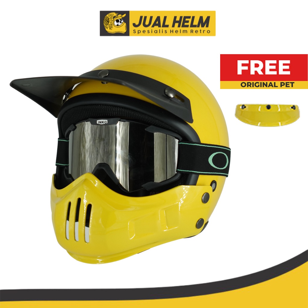 Helm Retro Cakil Modular + Goggle Inko + Pet Duck Cross