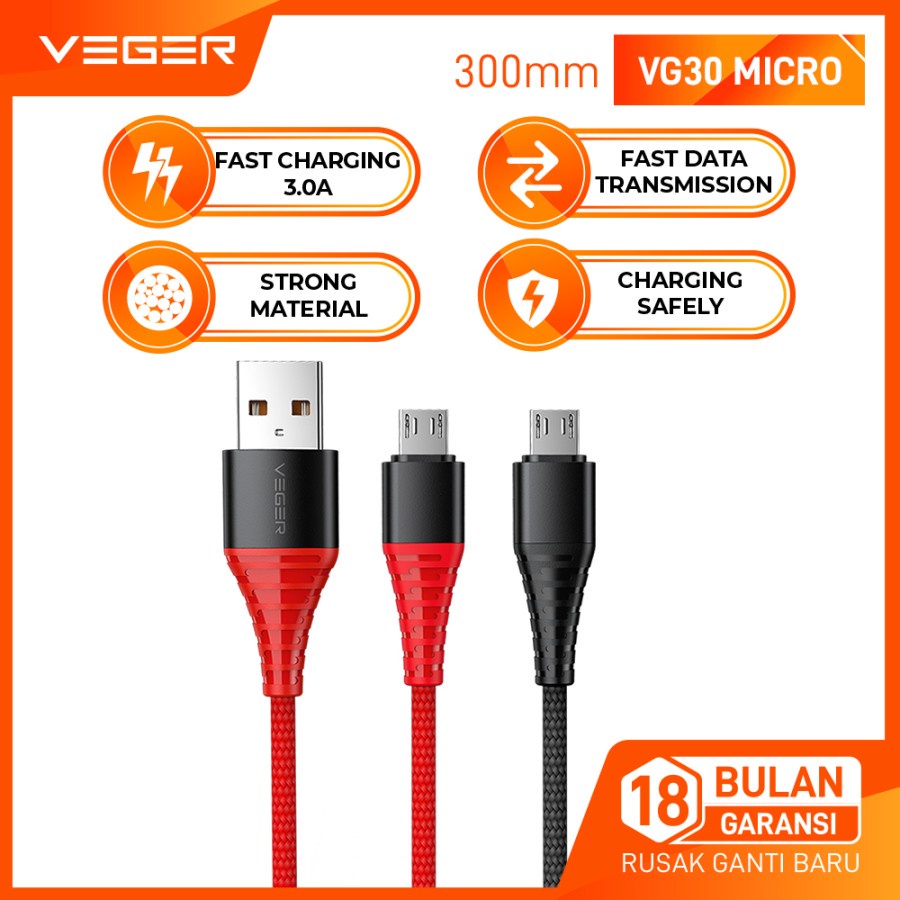 VEGER Kabel Data Micro VG30 QC 3.0 Fast Charging 30 CM ORIGINAL