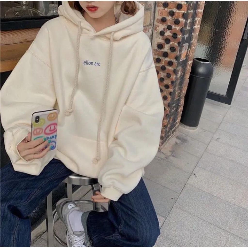 HOODIE WANITA OVERSIZE ELLON ARC BORDIR // JUMPER WANITA PREMIUM ALA KOREA SIZE XL FLEECE TEBAL LEMBUT TERBARU,