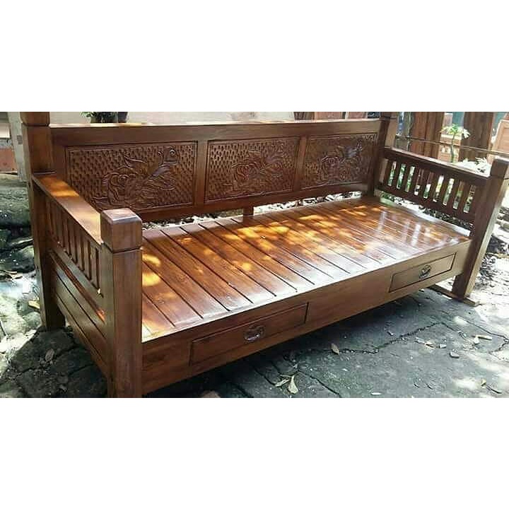 Bale Bale Minimalis Bangku Kayu Jati Sandaran Ukiran Daun Panjang 2 Meter