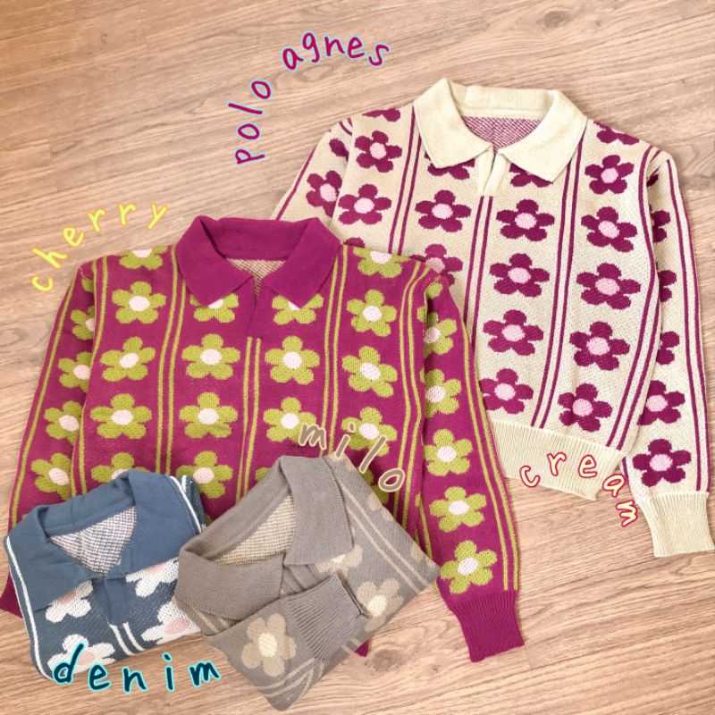 POLO AGNES DAISY CROP SWEATER KNIT ATASAN RAJUT BERKERAH MOTIF BUNGA