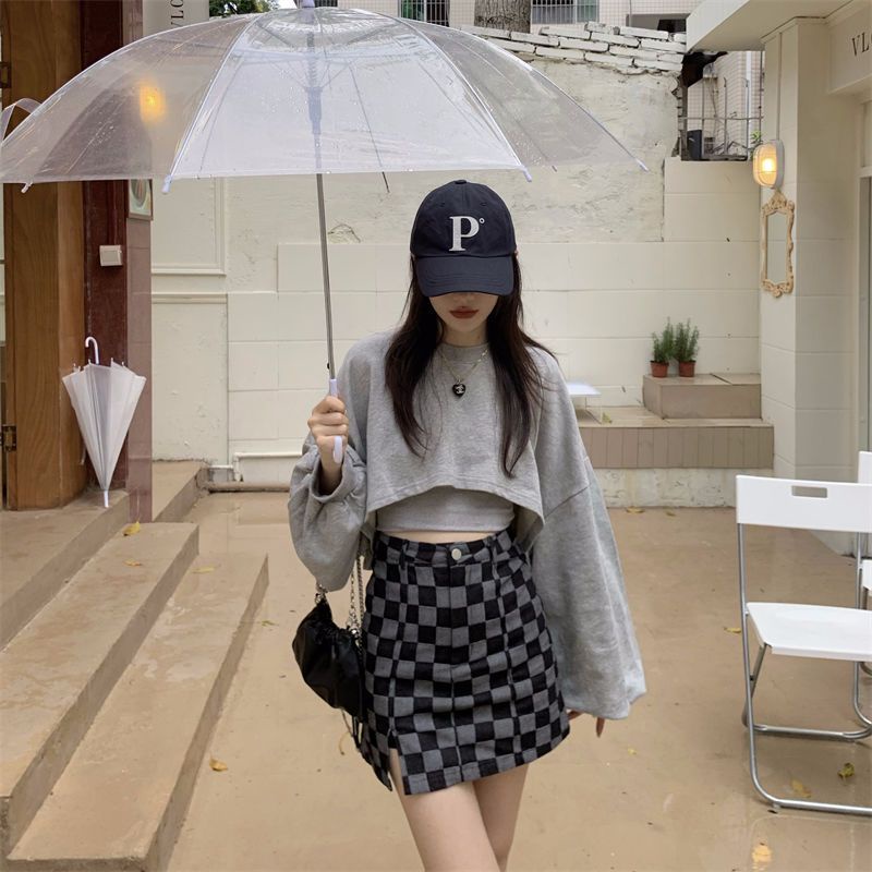 ❍♗☄Sweter pakaian wanita musim gugur pendek pullover longgar lengan panjang jaket suspender dengan bottoming kemeja merah muda atasan dua potong