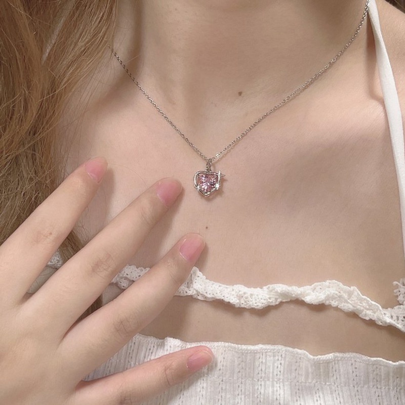 Korea Manis Peach Pink Cinta Kalung Pribadi Fashion Merah Muda Kristal Bintang Kalung