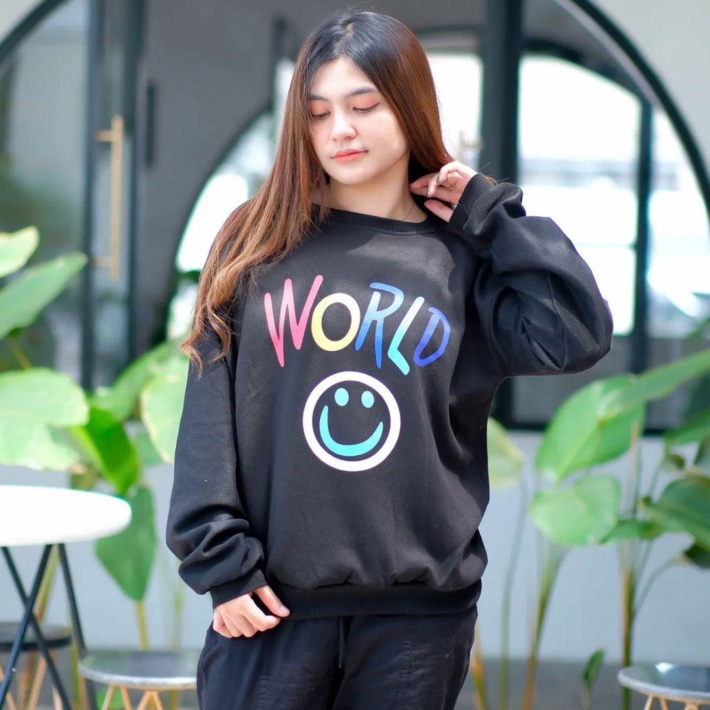 Sweater Crewneck Basic WORLD SMILE bisa untuk pria/wanita