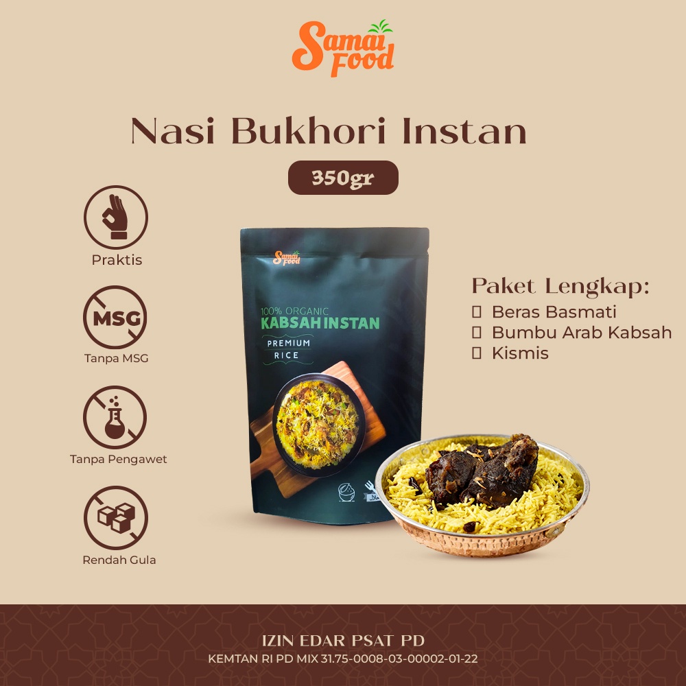 

Samai Food Nasi Arab Kabsah Makanan Instan Halal Rasa Asam Manis Lengkap (Beras Basmati, Bumbu Briyani, Kismis) Kemasan 350gr Makanan Arab Porsi 4-5 Orang