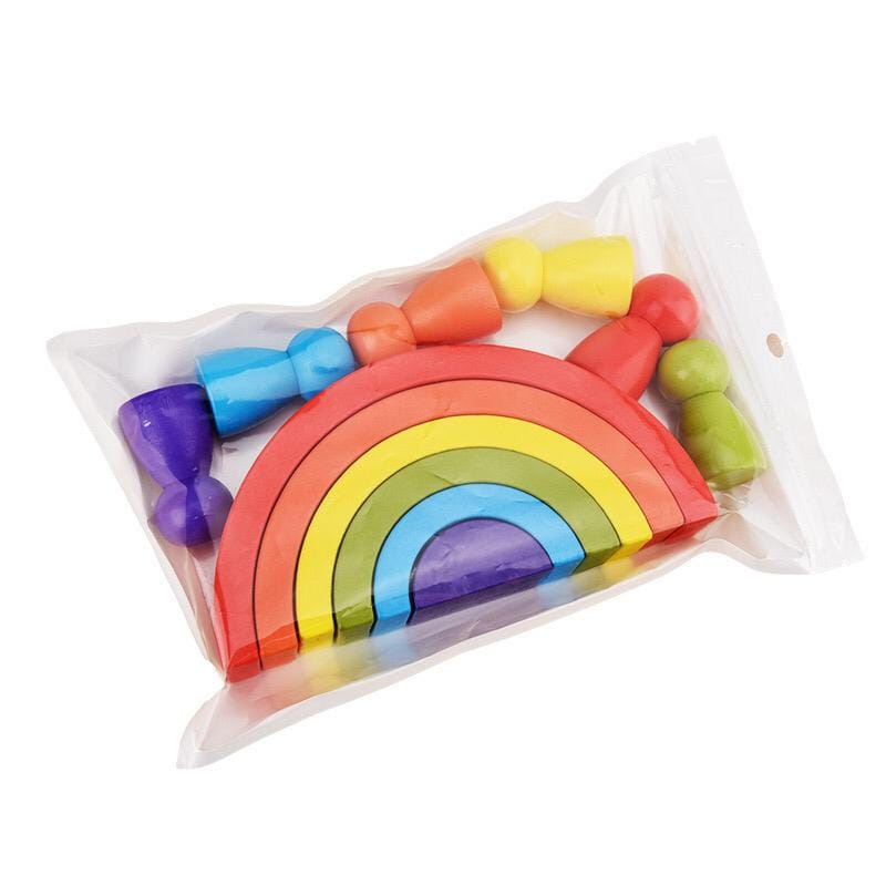 WE Mainan Montessori Wooden Rainbow Block + Peg Doll Balok Pelangi