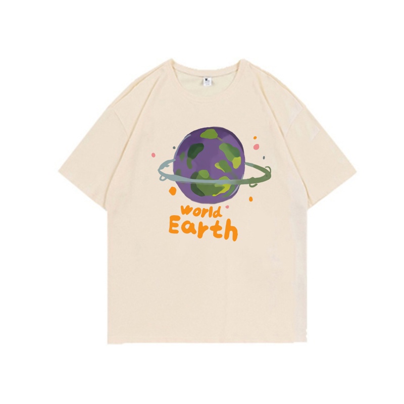 100% Katun Graphic Tee Baju Wanita Earth Print Atasan Wanita Oversize Kaos Putih T-shirt Couple Korean Style/kaos murah