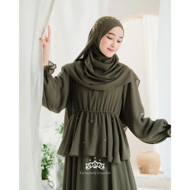 Aleeza Dress ori kazami  gamis ceruty premium payet crystal lengan balon