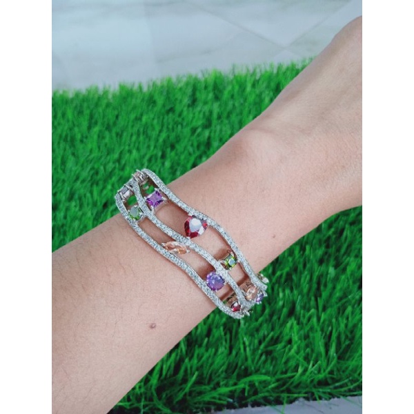 gelang tangan bangle batu warna warni+mp/perak asli silver 925 lapis emas/perhiasan wanita terbaru kekinian