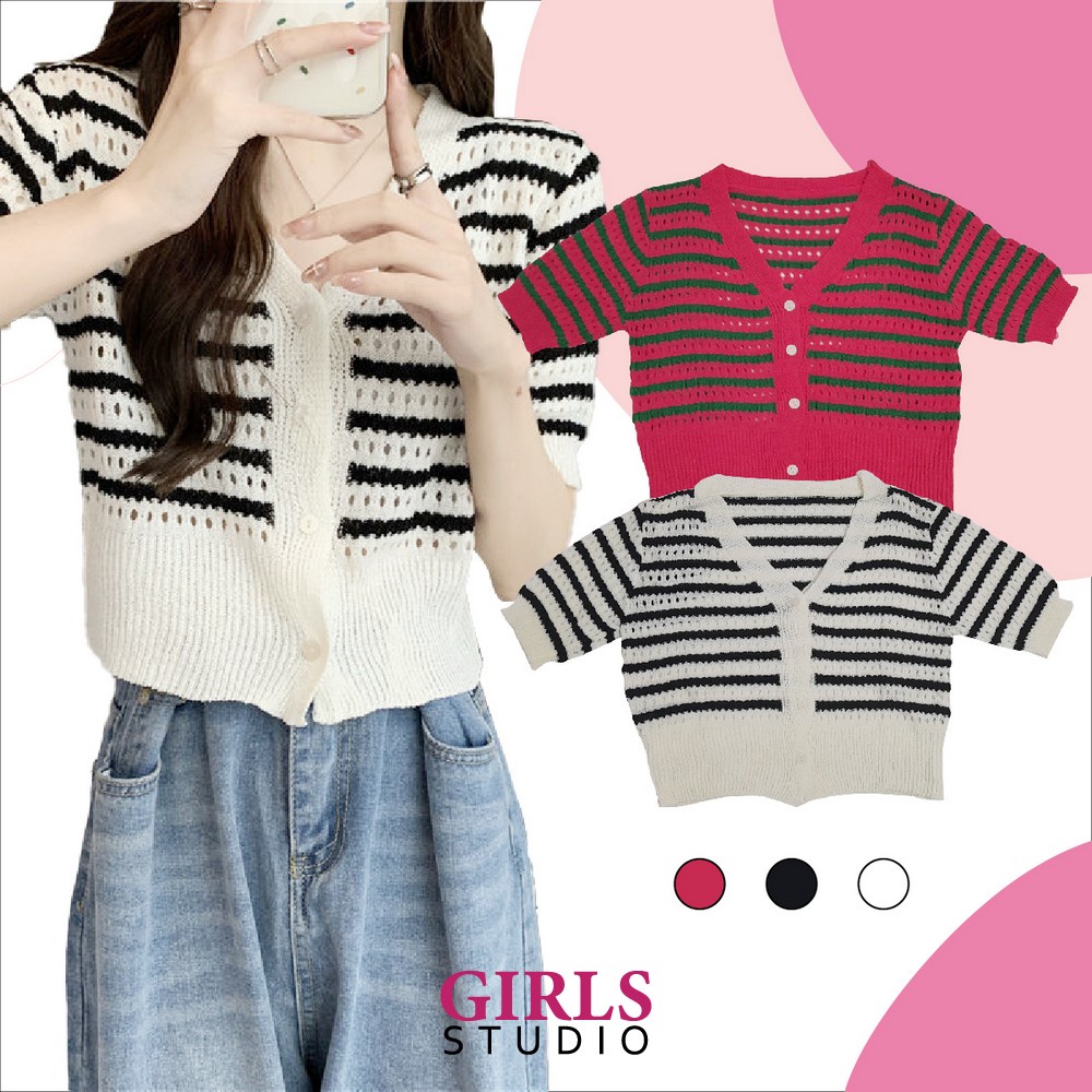 Cardigan Rajut Wanita Korea Model Crop Lengan Pendek Knitwear / Outer Knit Motif Garis Atasan Cardy 