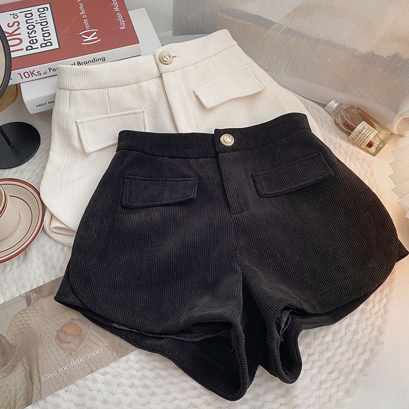 Red Palsu Saku Pinggang Tinggi Satu Kancing Luar Pakaian Santai Celana Wanita Musim Dingin 2022 Versi Korea All-Match Hitam Corduroy celana Pendek
