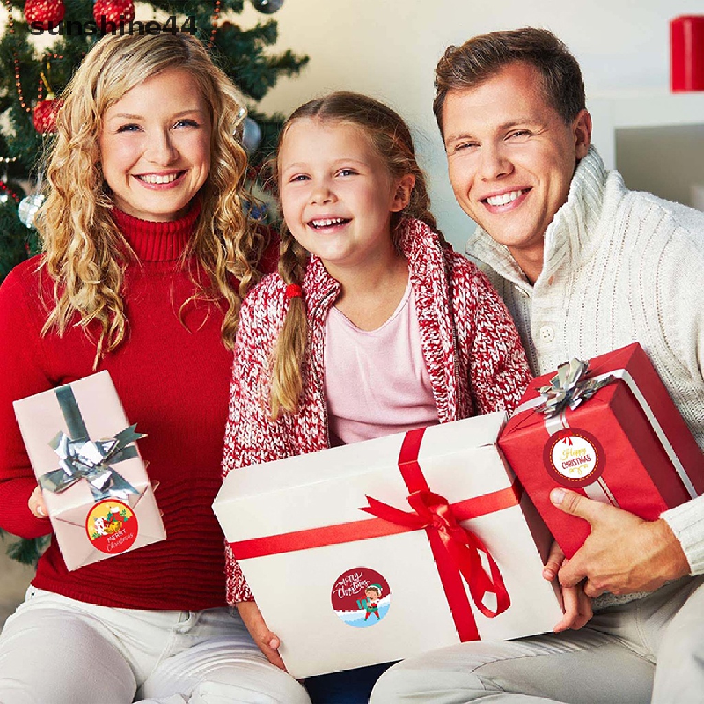 Sunshine 500Pcs Merry Christmas Stiker Label Multi-Warna Tag Natal Perekat Bulat Dekorasi Sticker Untuk Kartu Amplop Segel Xmas Gift Wrap Box Bag.