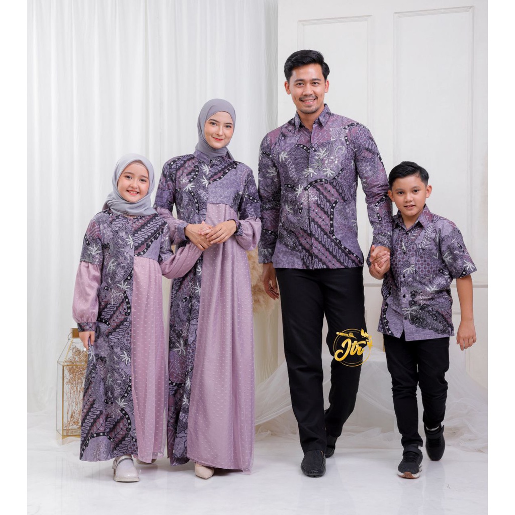 Couple Batik Keluarga Lebaran 2023 Gamis Kemeja Sarimbit Ibu Ayah dan Anak Kombinasi Terbaru Warna Ungu