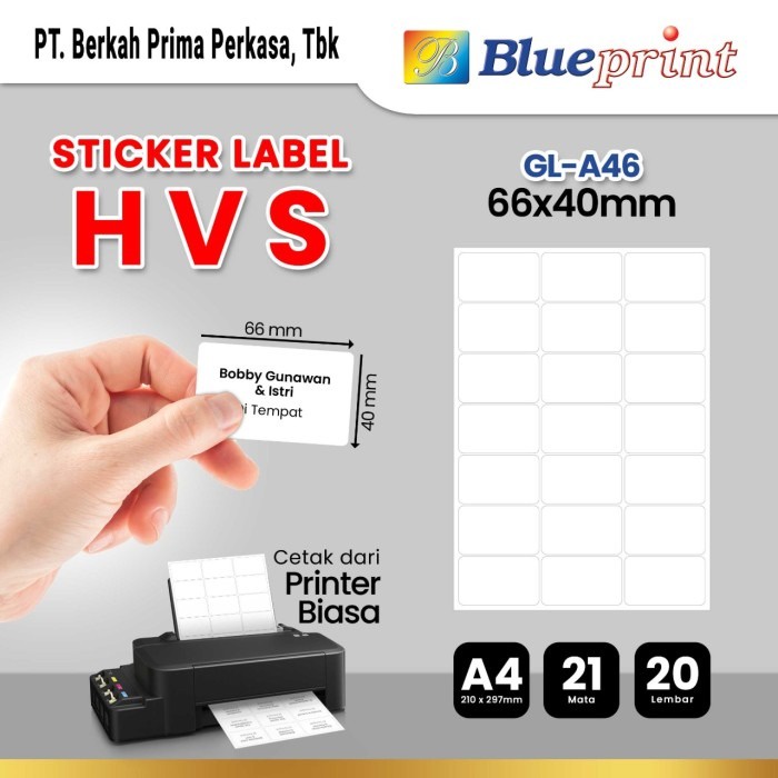 

Kertas Stiker Label HVS Doff A4 BLUEPRINT Uk 66 x 40 mm - 20 lembar