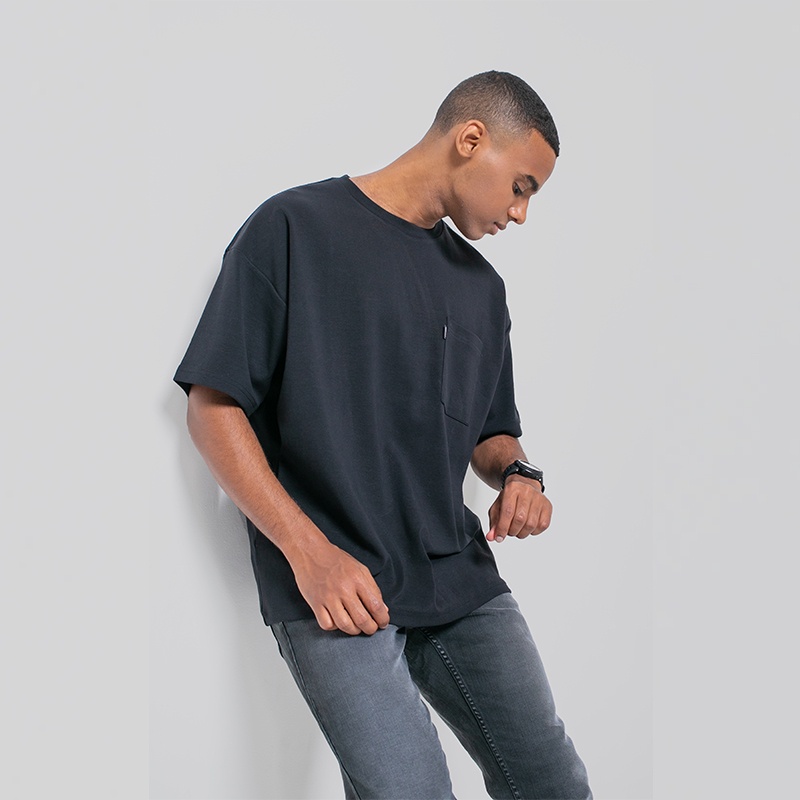 3Second Original Kaos Oversize Lengan Pendek 100% Cotton Katun Tshirt Basic Polos Pocket Pria Hitam 