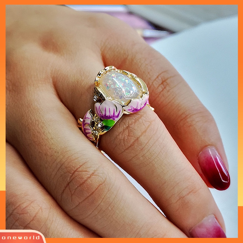 {oneworld} Elegan Wanita Berlian Imitasi Imitasi Opal Hias Lotus Floral Cincin Pesta Perhiasan Hadiah