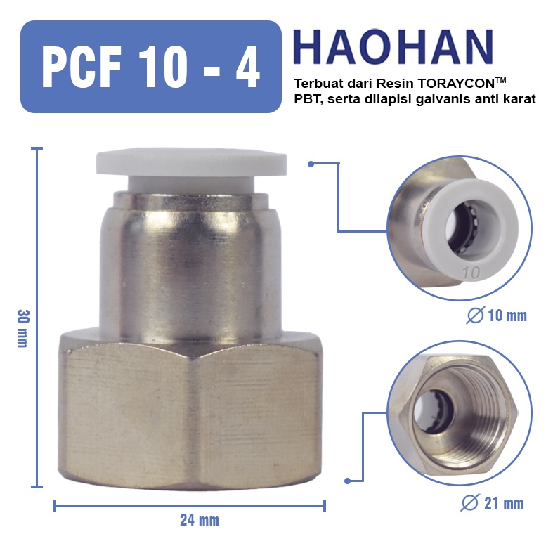 PCF Sambungan Pneumatic Fitting Lurus 10 / 12 / 8 / 6mm BSP 1 / 8 1/4 3/8 1/2 Female Thread Slip Lock