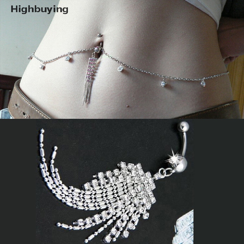 Hbid Cincin Wanita 14G Kristal Rumbai Pusar Kancing Perut Dengan Rantai Pinggang Body Glory