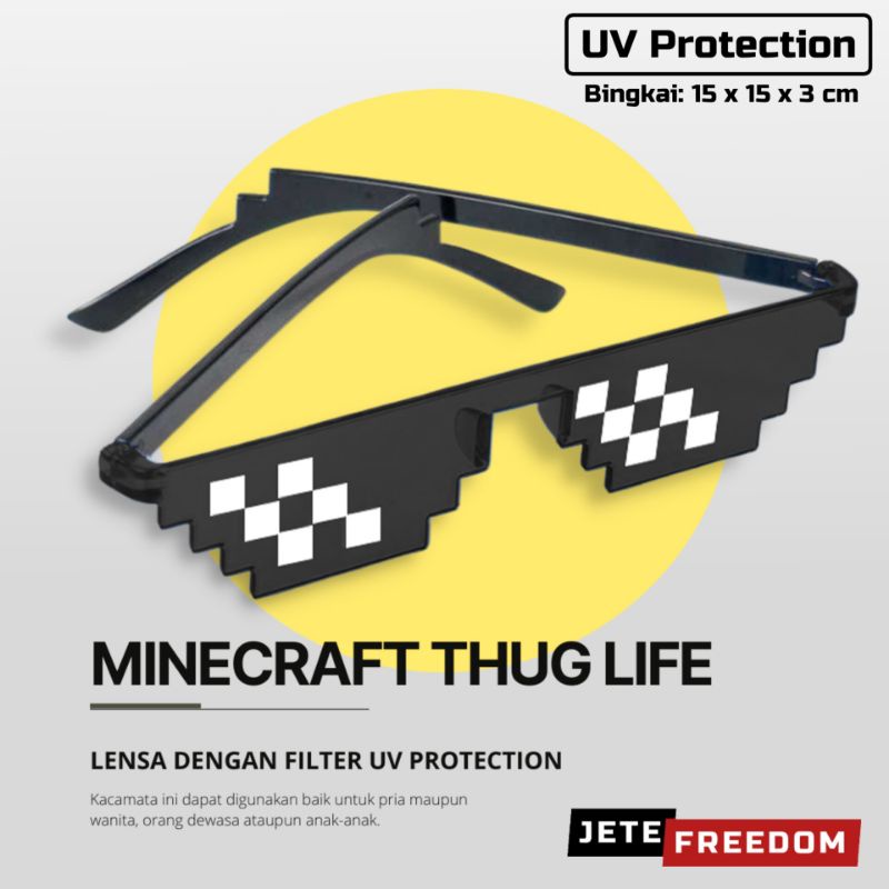 SOZZY Kacamata Hitam Pria Wanita Anak Thug Life Mosaic 8 Bit Pixel Minecraft Kotak Meme 15 x 15 cm F