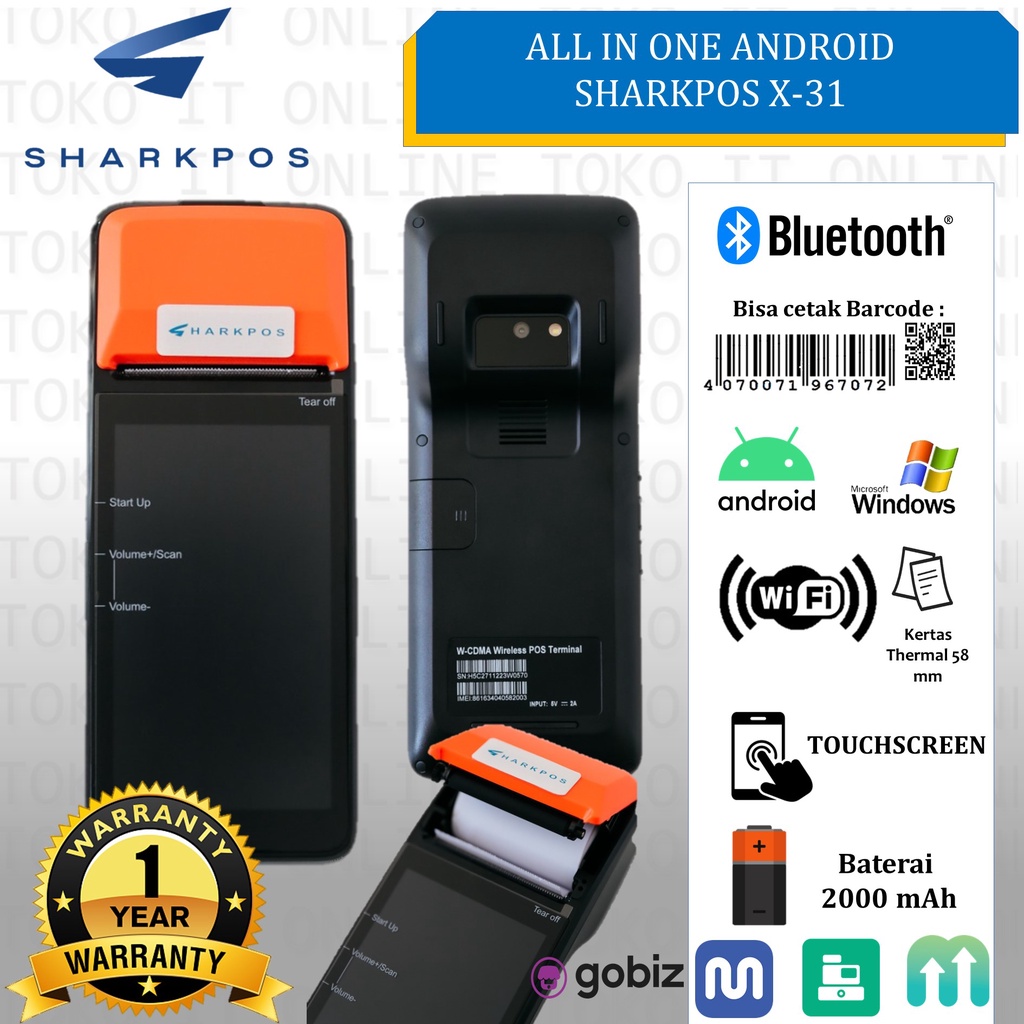 SHARKPOS X31 ANDROID POS THERMAL 58MM / TOUCH SCREEN / BLUETOOTH / NFC / WIFI&quot; SHARKPOS X-31