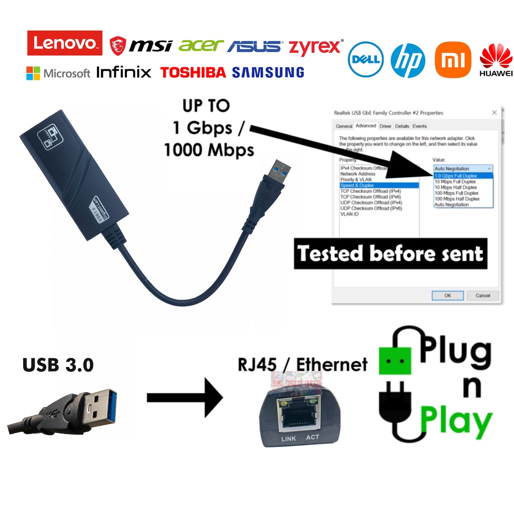 USB Gen 3 to Etherneet LAN RJ45 1Gbps Gigabit 1000Mbps Network