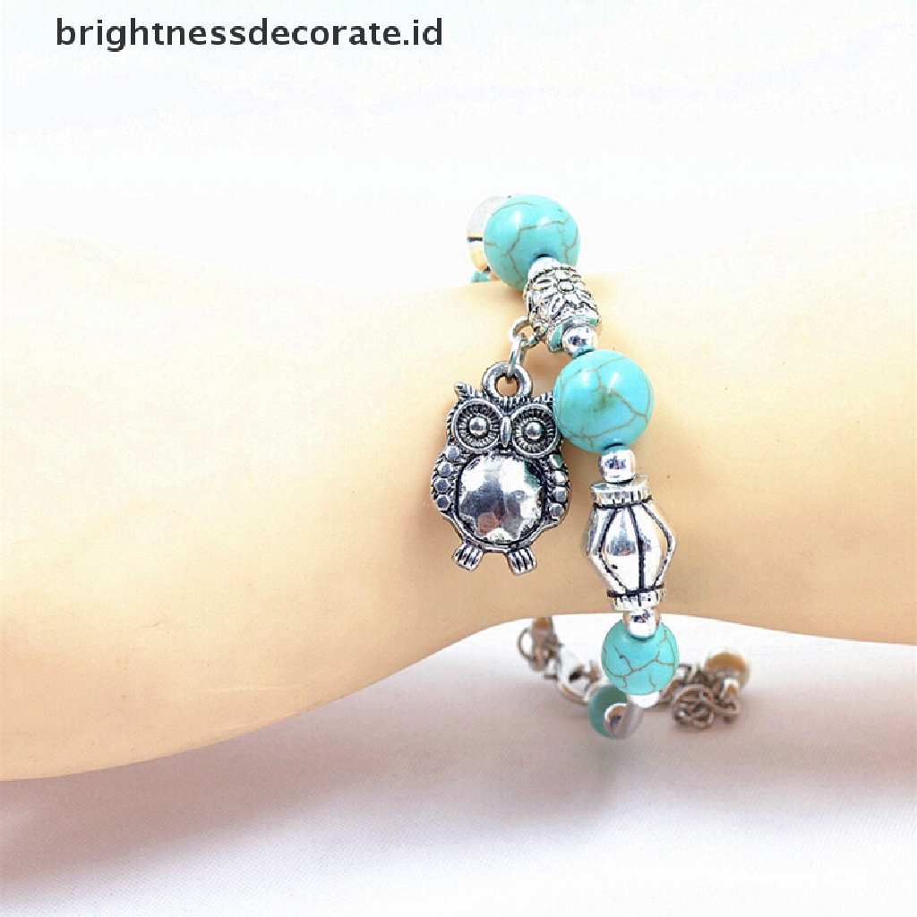 [Birth] 1pcs Wanita Vintage Pesona Perhiasan Perak Pld Owl Turquoise Gelang Bangle [ID]