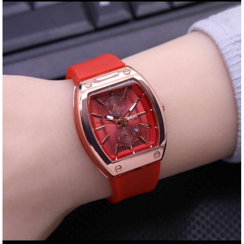 (Cod)Jam Tangan Wanita Fashion Gues Oval Crono Varisi Tanggal Aktif Strap Rubber/Karet Murah(Dikirim Jakarta)