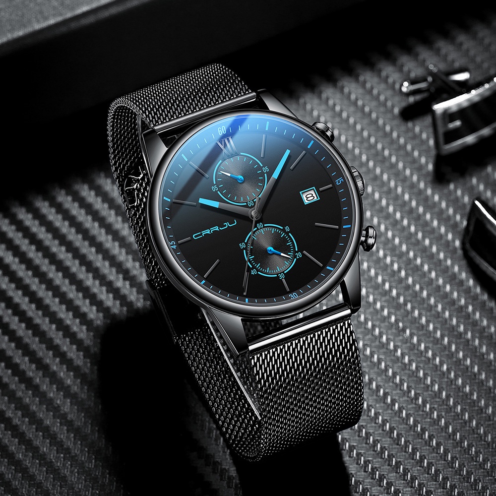 CRRJU-Pria Quartz Watch Chronograph Black Dial Besar Tahan Air Dengan Jam Kalender Men Watch