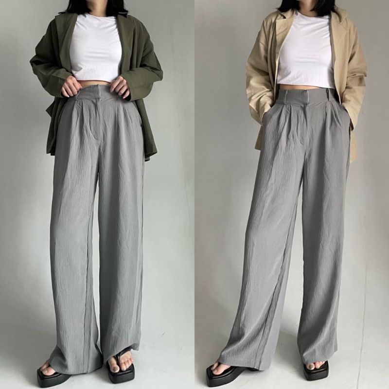 CELANA KULOT CRINKLE AIRFLOW HIGHWAIST LOOSE PANTS WANITA HITAM ARMY ABU MOCA OLIVE