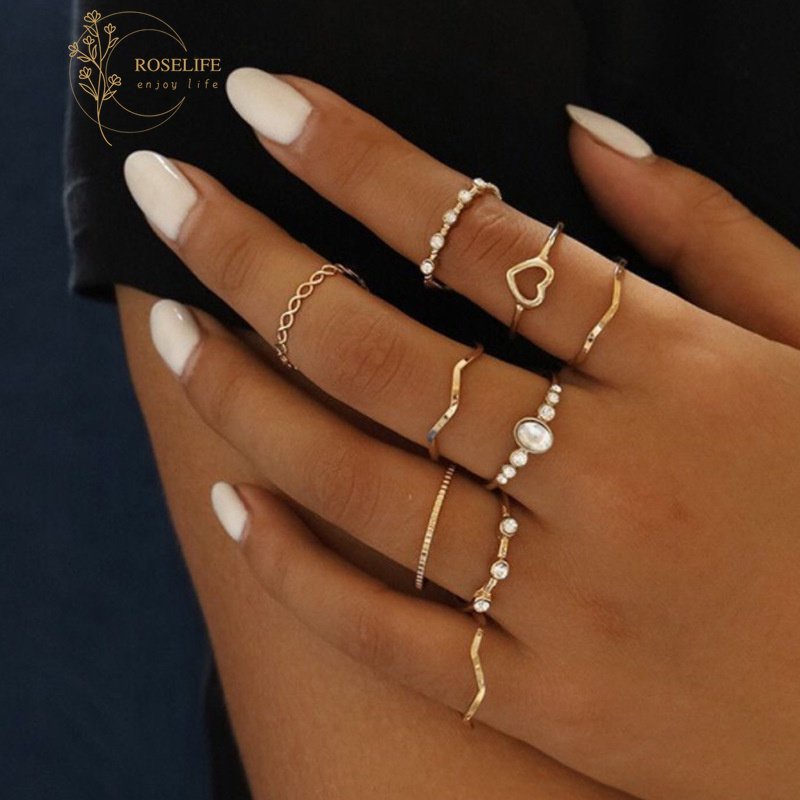 Roselife 9 Pcs Vintage Boho Emas Susun Cincin Set Untuk Wanita Gadis Chic Geometris Zirkon Buku Jari Cincin Fashion Perhiasan