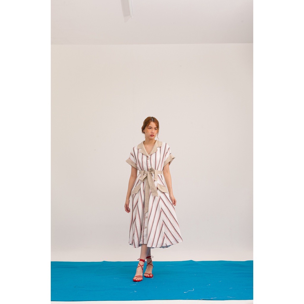 DARCY LINEN DRESS PINK NUDE STRIPES LBJ