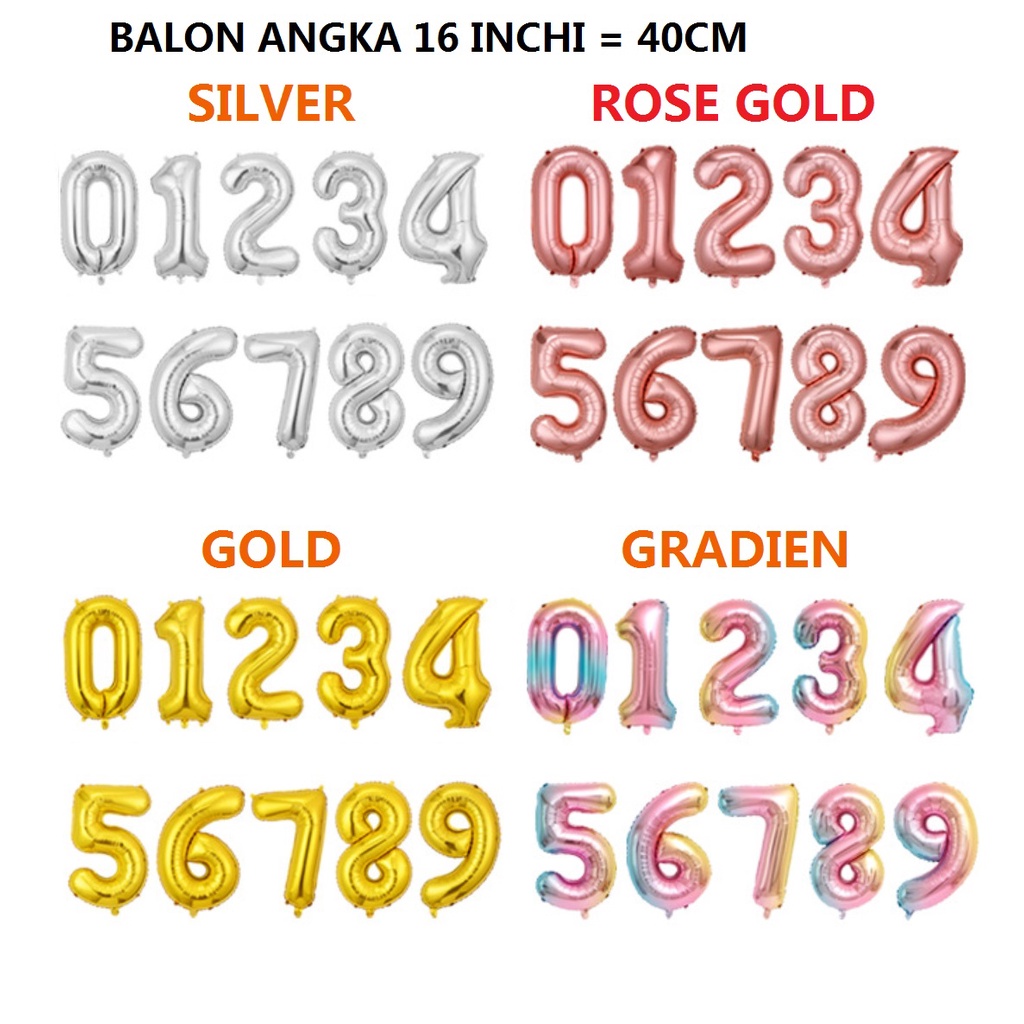 Balon Foil ANGKA 16 inch 40cm Pesta Happy Birthday 16&quot; 40 cm Besar Hiasan Dekorasi Ulang Tahun Ultah Bday