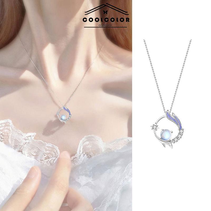COD❤️Kalung Rantai Klavikula Liontin Moonstone Gaya Korea Silver Untuk Wanita Aksesoris Perhiasan- cl