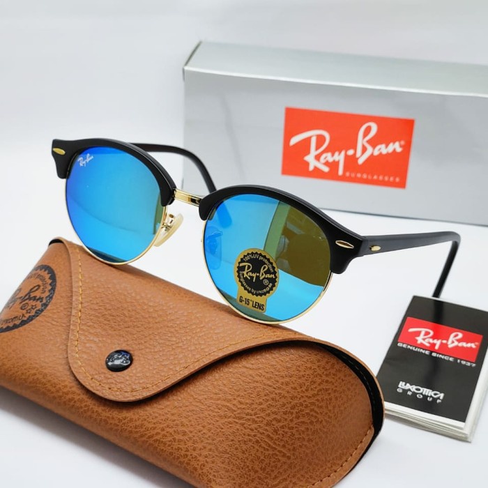 F_MIXSTORE KACAMATA RAYBAN CLUBROUND BLACK LIST GOLD LENSA BIRU ORIGINAL SECOND