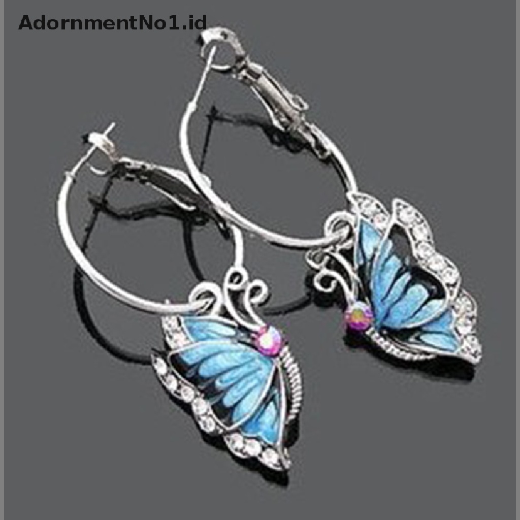 [AdornmentNo1] Fashion Lucu Kupu-Kupu Biru Kristal Perak Disepuh Hoop Huggie Earrings [ID]