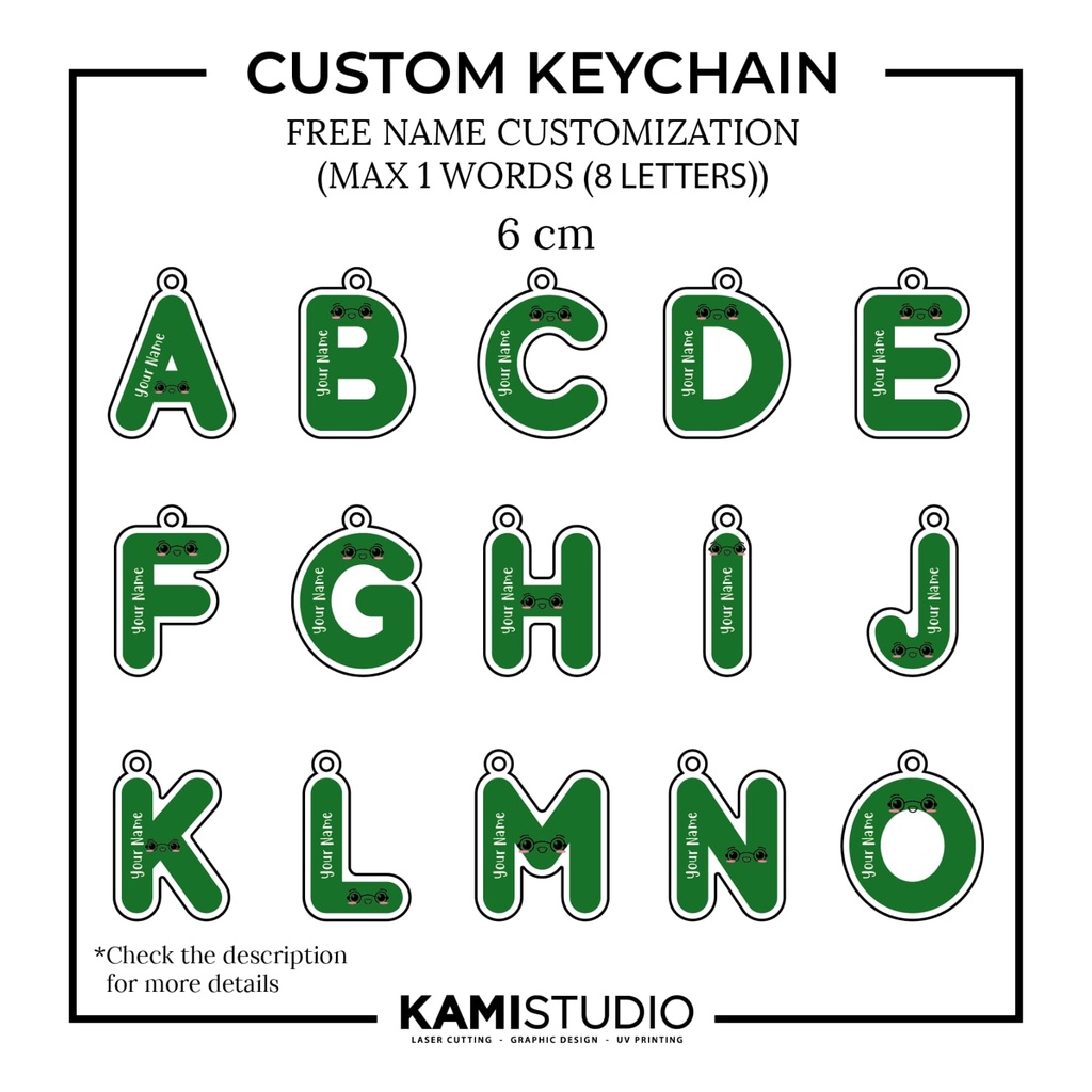 GANTUNGAN KUNCI PRINTING HIJAU TUA / GANTUNGAN KUNCI INISIAL / KEYCHAIN INISIAL / KEYCHAIN PRINTING NAMA / KADO CUSTOM NAMA GANTUNGAN KUNCI