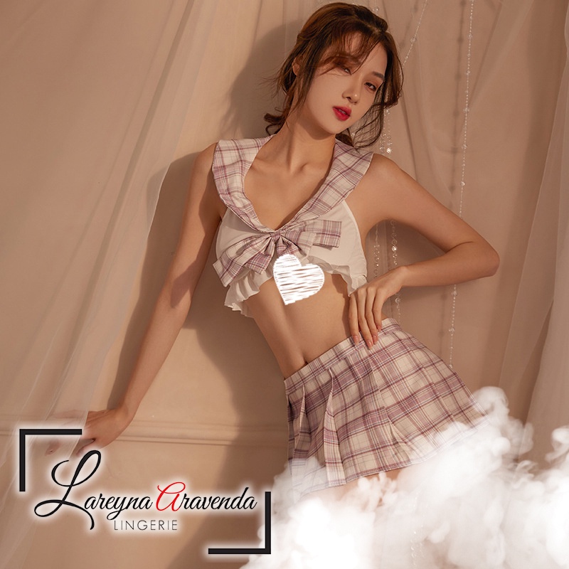 Lareyna Aravenda Set Lingerie Menawan + Rok Kostum Model Pelajar Dasi Pita Besar LG560