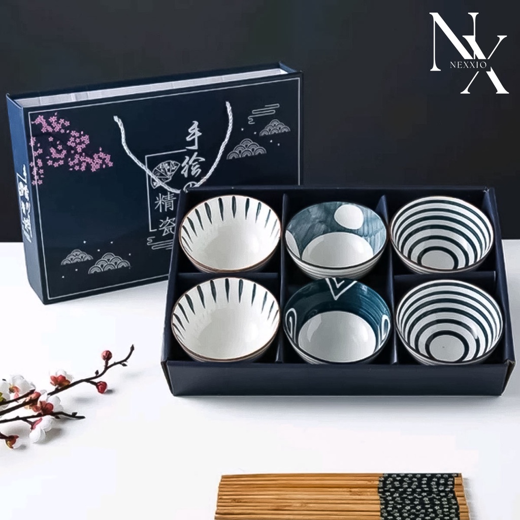 NEXXIO Souvenir mangkok set premium isi 6 peralatan makan porselen biru dan putih mangkuk keramik kotak hadiah mangkok hampers set premium