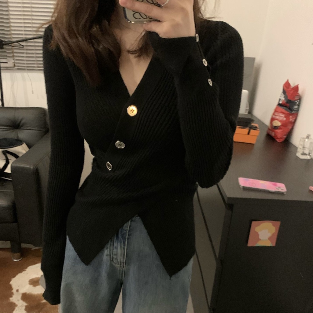 Red 2022 murni keinginan dan tipis V-neck sweater crossover A4 pinggang slim fit slit pullover rajutan lengan panjang bagian dalam atas