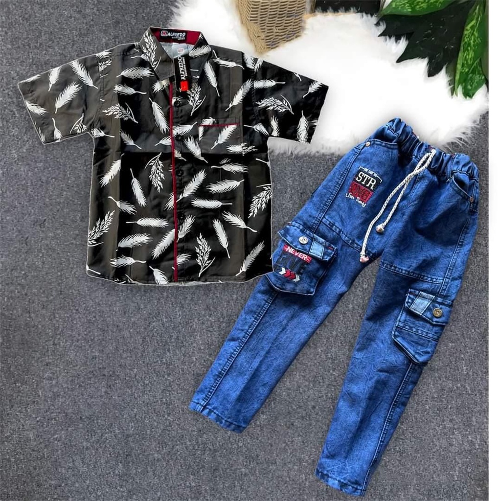 Setelan kemeja printng motif bulu ayam bahan katun usia 1 sampai 12 tahun Bisa pilih warna