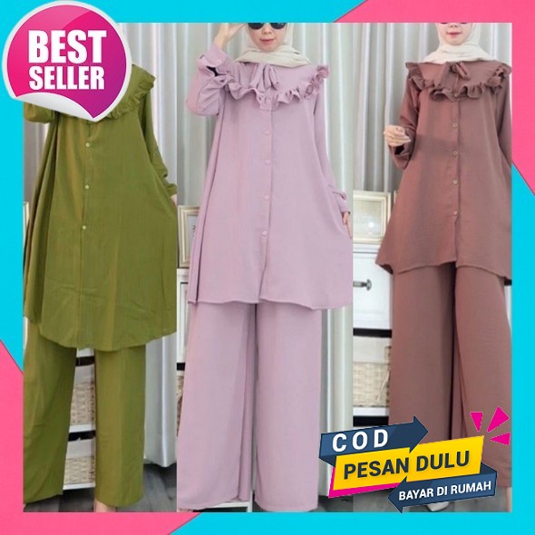 Dara Set Kulot / Setelan Tunik Crinkle Airflow Kombinasi Sablon Printing Terlaris Setelan Tunik Wani